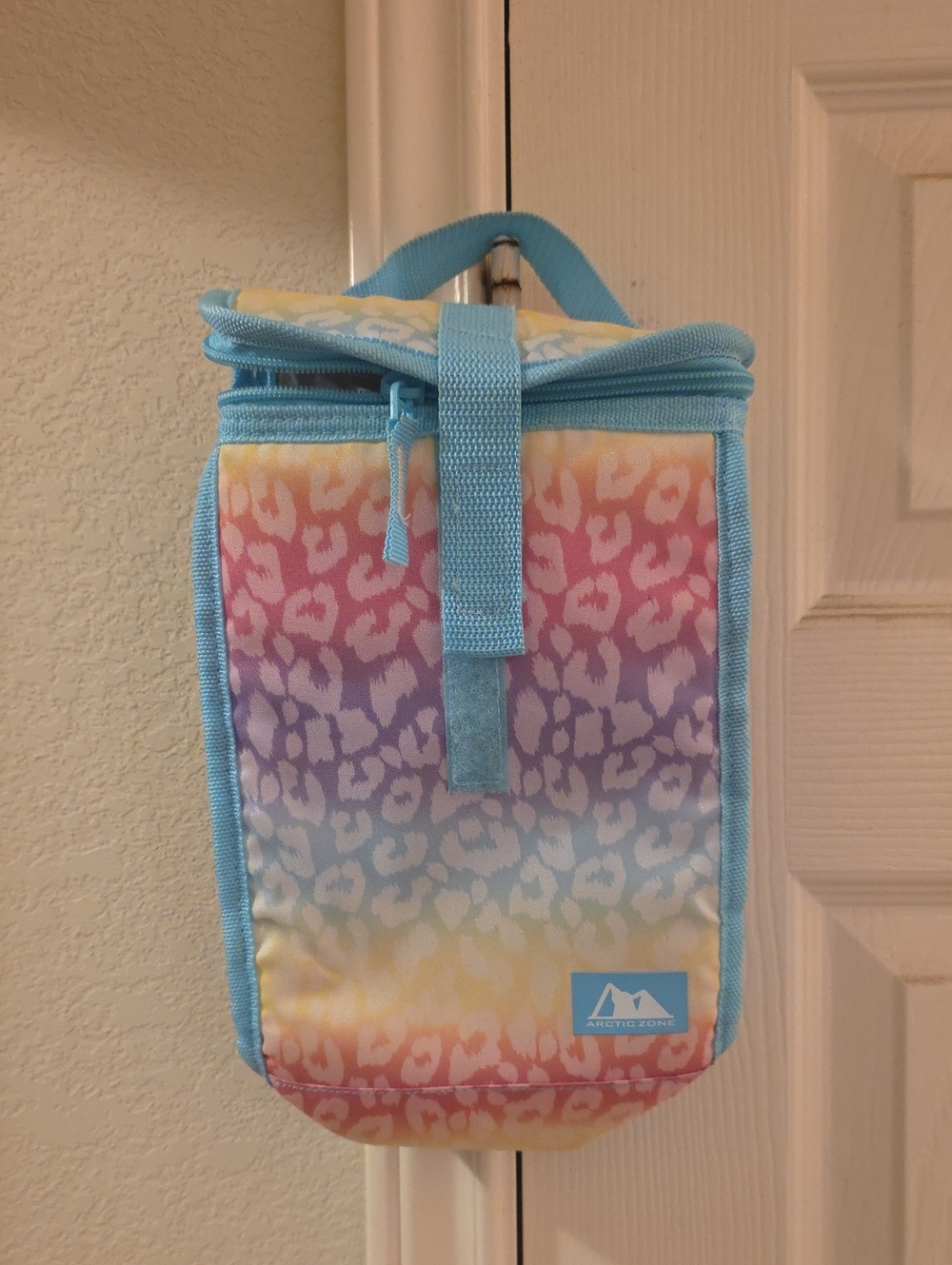 Kids Rainbow Leopard Print Lunch Bag - Blue Trim